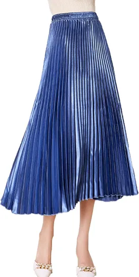 Women's Long Pleated Skirt Elastic Waist Party Metallic Shiny Accordion Pleated Midi Skirt for Women