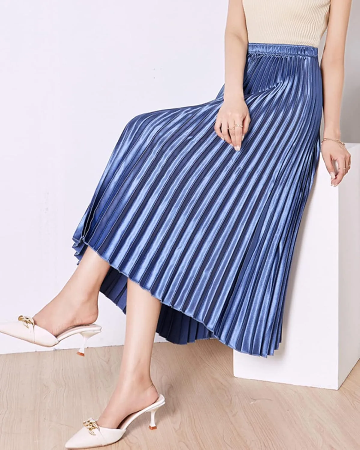 Women's Long Pleated Skirt Elastic Waist Party Metallic Shiny Accordion Pleated Midi Skirt for Women
