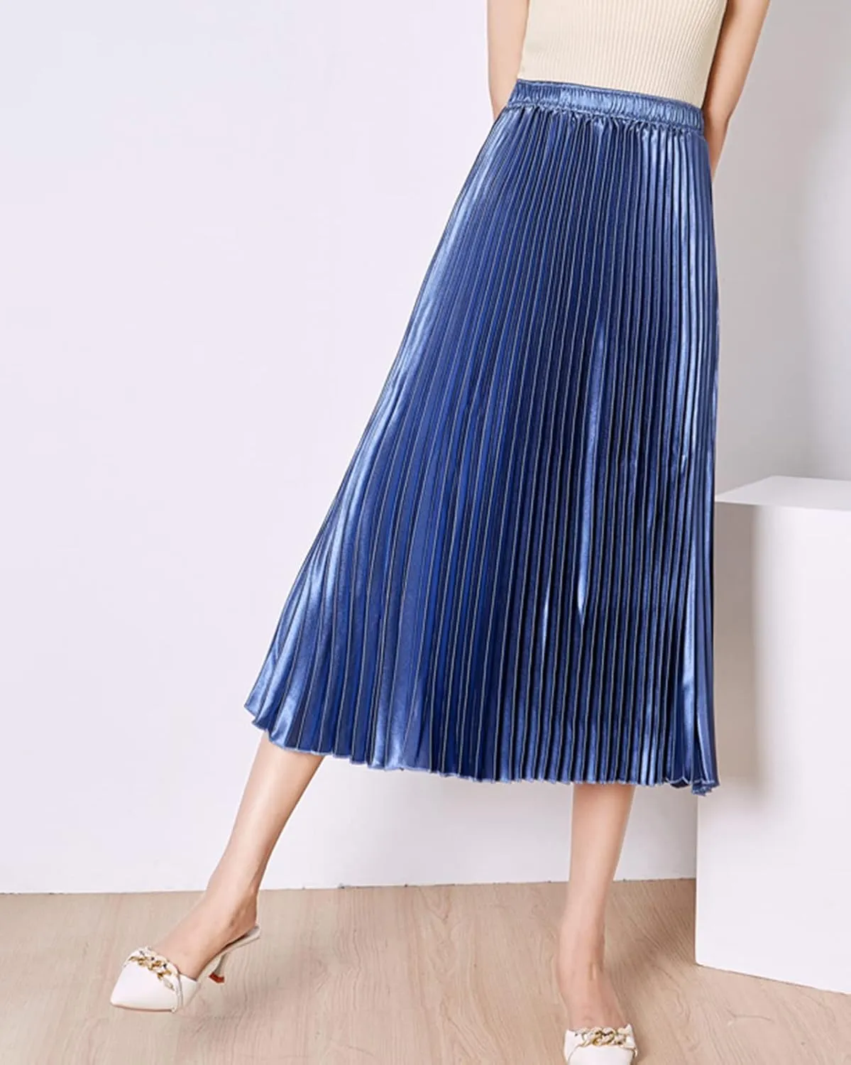Women's Long Pleated Skirt Elastic Waist Party Metallic Shiny Accordion Pleated Midi Skirt for Women