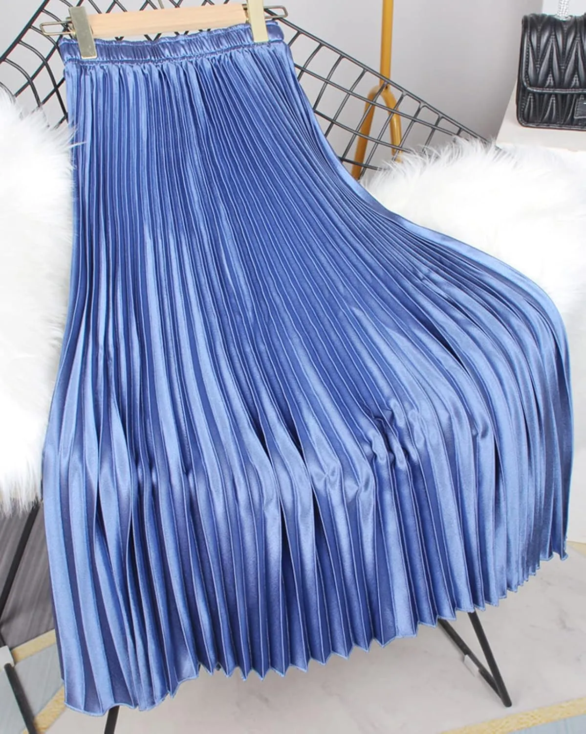Women's Long Pleated Skirt Elastic Waist Party Metallic Shiny Accordion Pleated Midi Skirt for Women