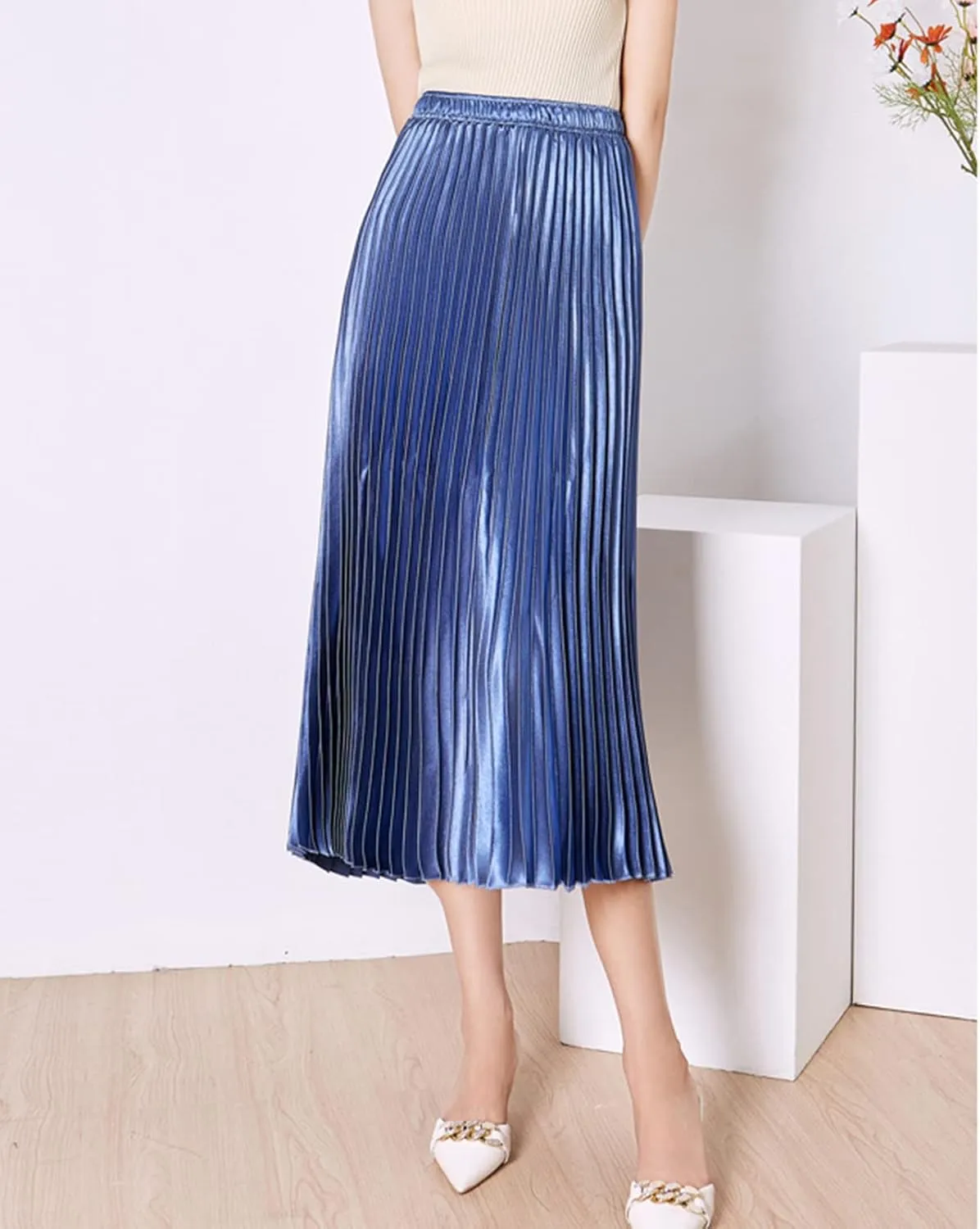 Women's Long Pleated Skirt Elastic Waist Party Metallic Shiny Accordion Pleated Midi Skirt for Women