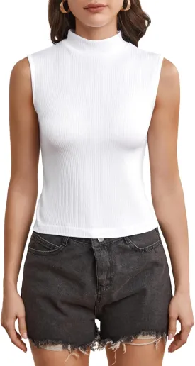 Women's Mock Turtleneck Top Sleeveless Solid Rib Knit Form Fitting Scoop Tank Tops Basic Cami Shirts
