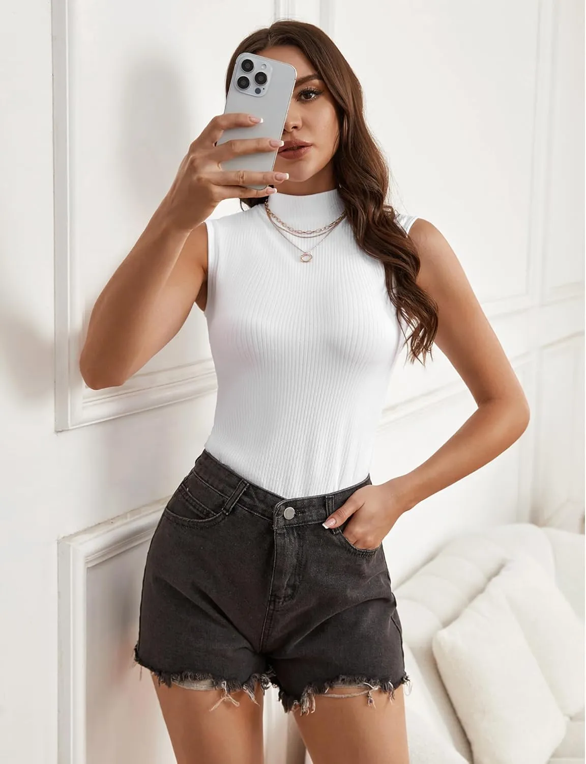 Women's Mock Turtleneck Top Sleeveless Solid Rib Knit Form Fitting Scoop Tank Tops Basic Cami Shirts