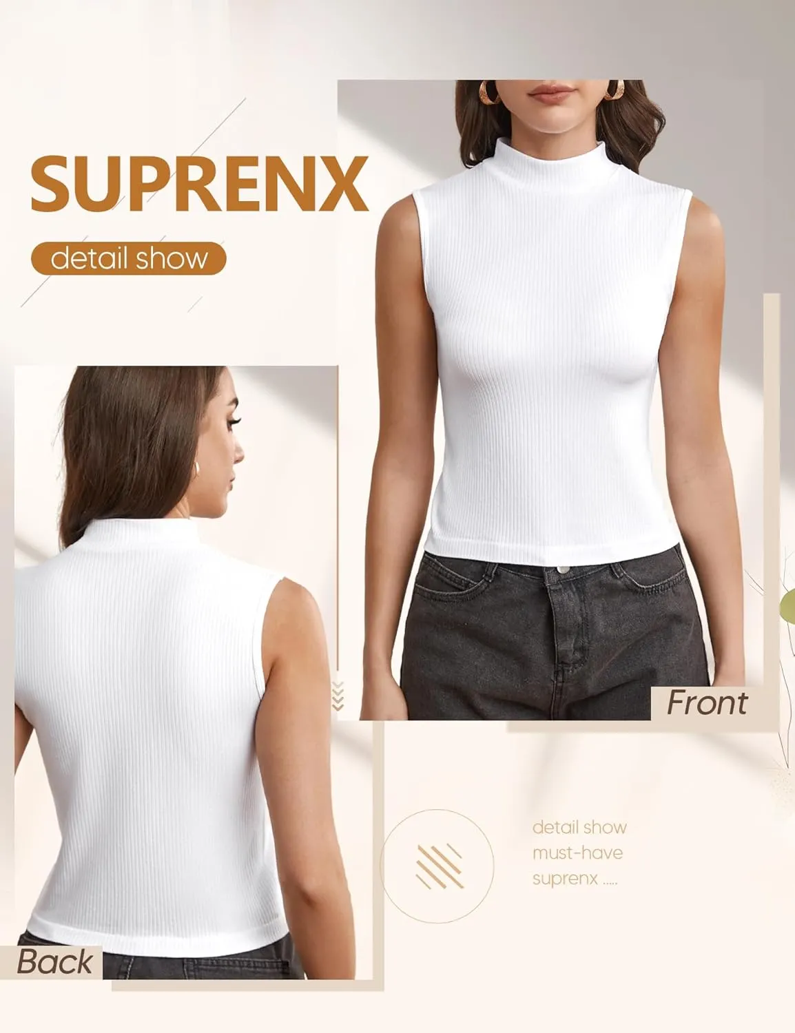 Women's Mock Turtleneck Top Sleeveless Solid Rib Knit Form Fitting Scoop Tank Tops Basic Cami Shirts