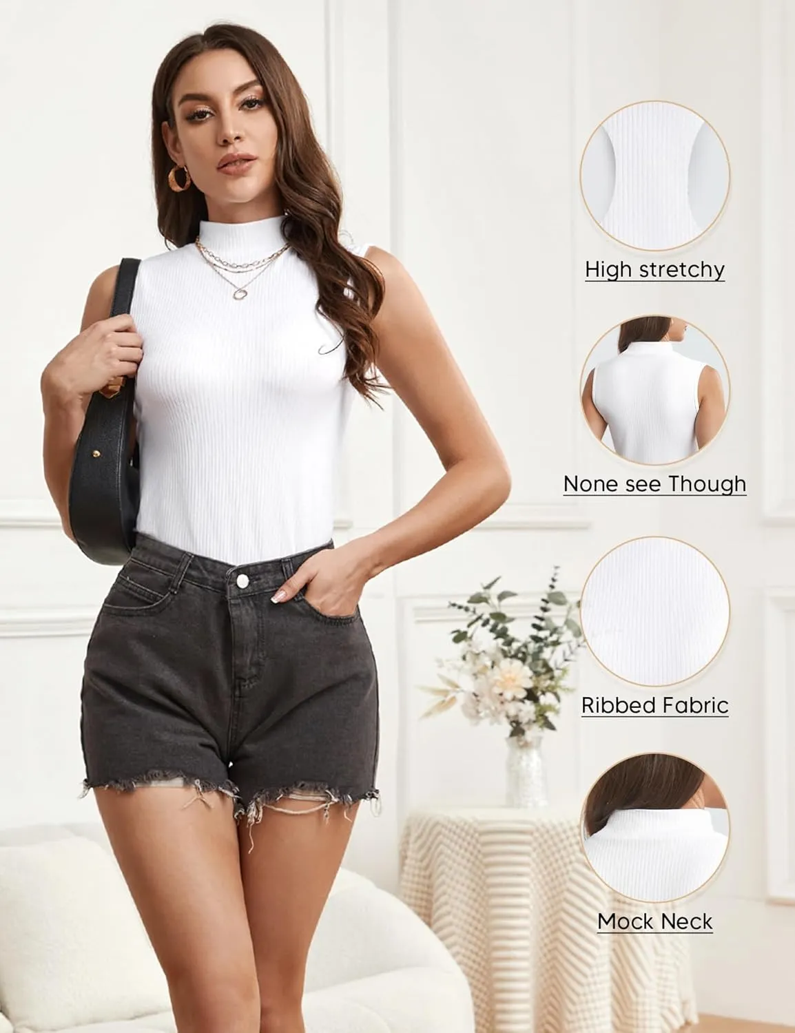 Women's Mock Turtleneck Top Sleeveless Solid Rib Knit Form Fitting Scoop Tank Tops Basic Cami Shirts