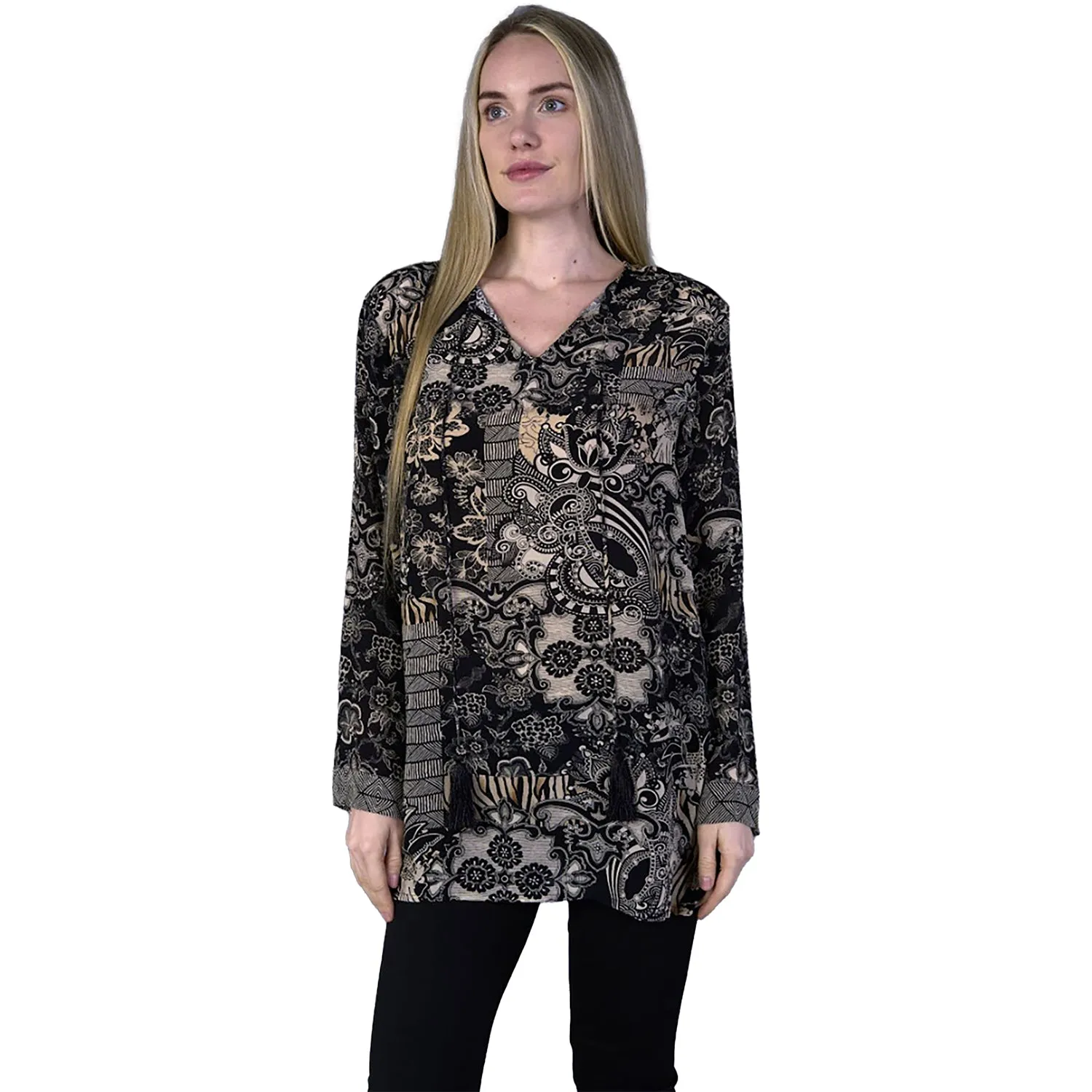 Women's Shana Apparel Silk Viscose L/S Blouse Black/Cream