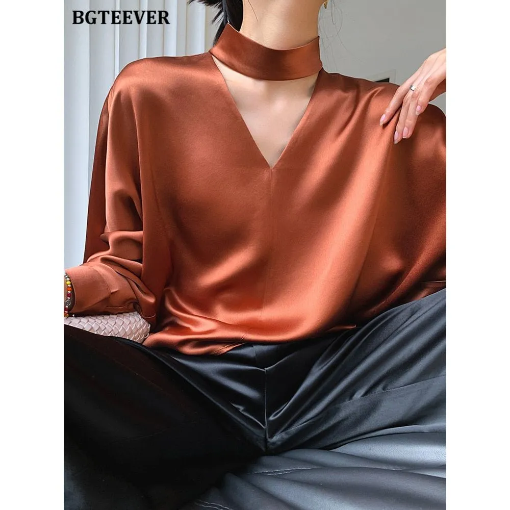 Women's V-neck Long Sleeve Satin Blouse