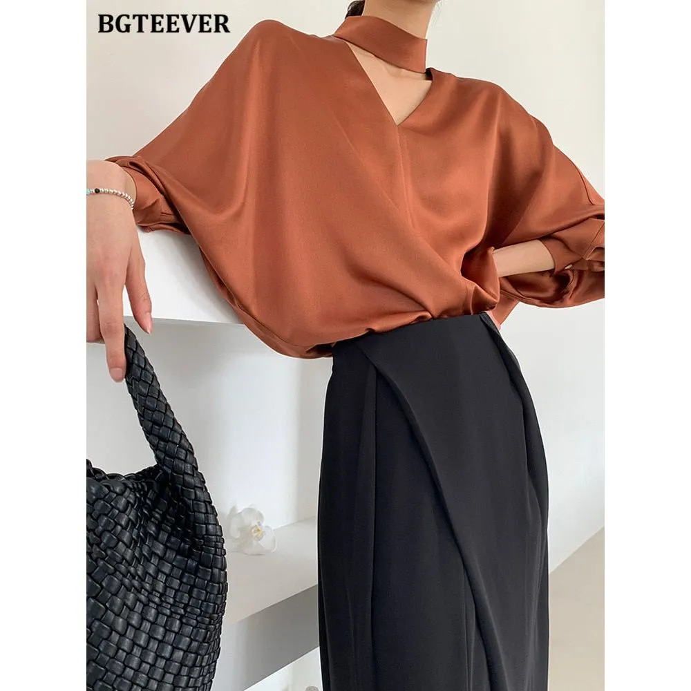 Women's V-neck Long Sleeve Satin Blouse