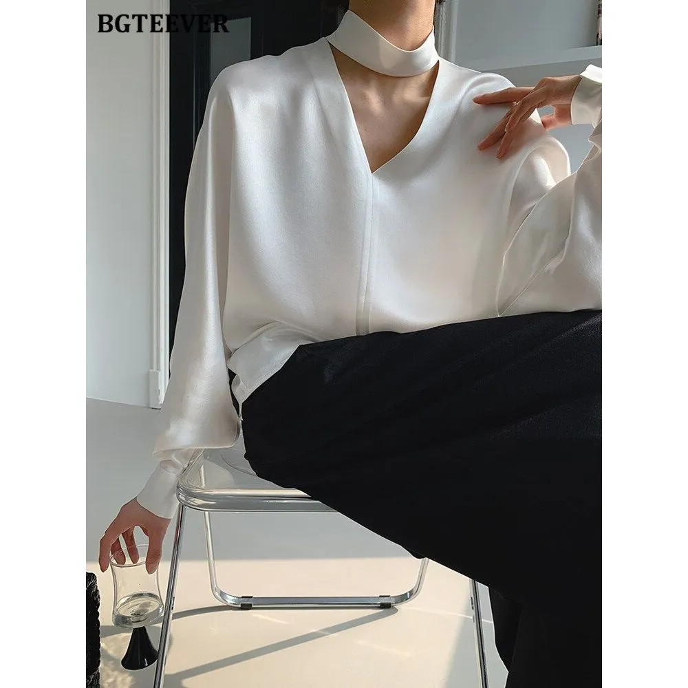 Women's V-neck Long Sleeve Satin Blouse