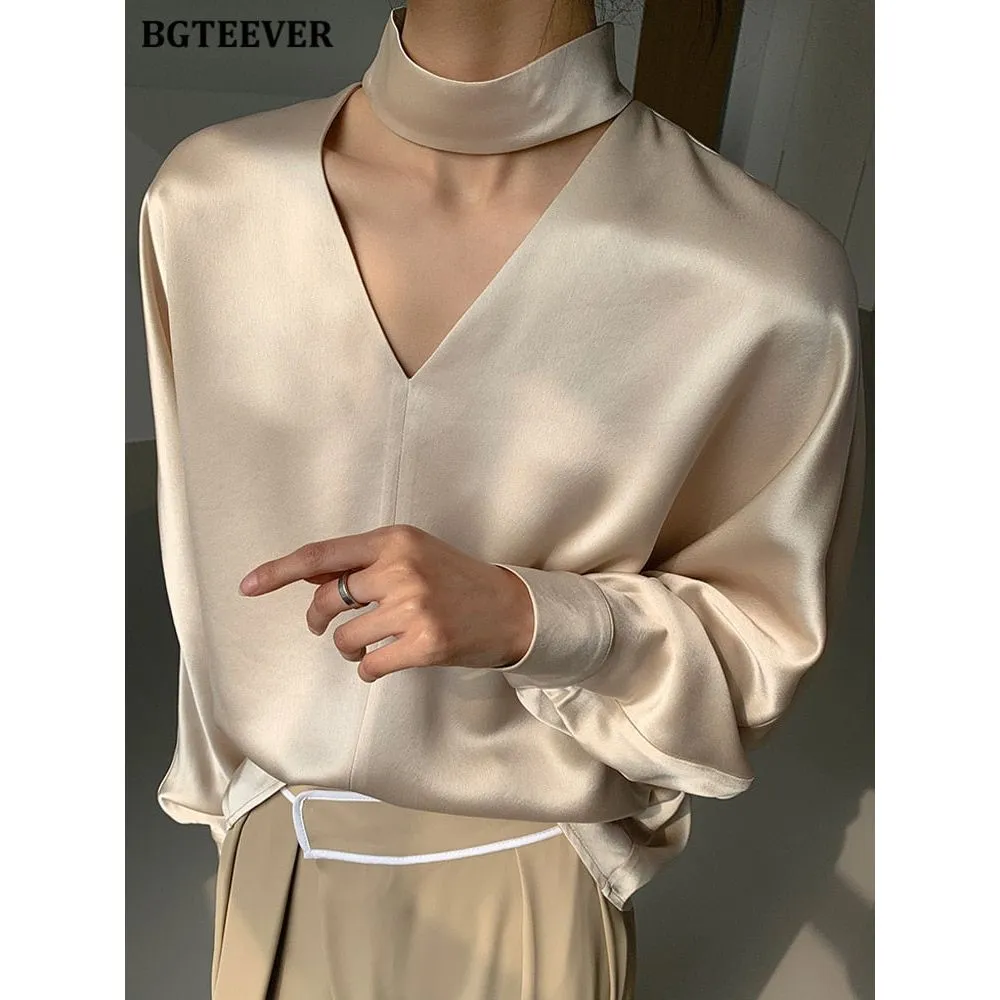 Women's V-neck Long Sleeve Satin Blouse