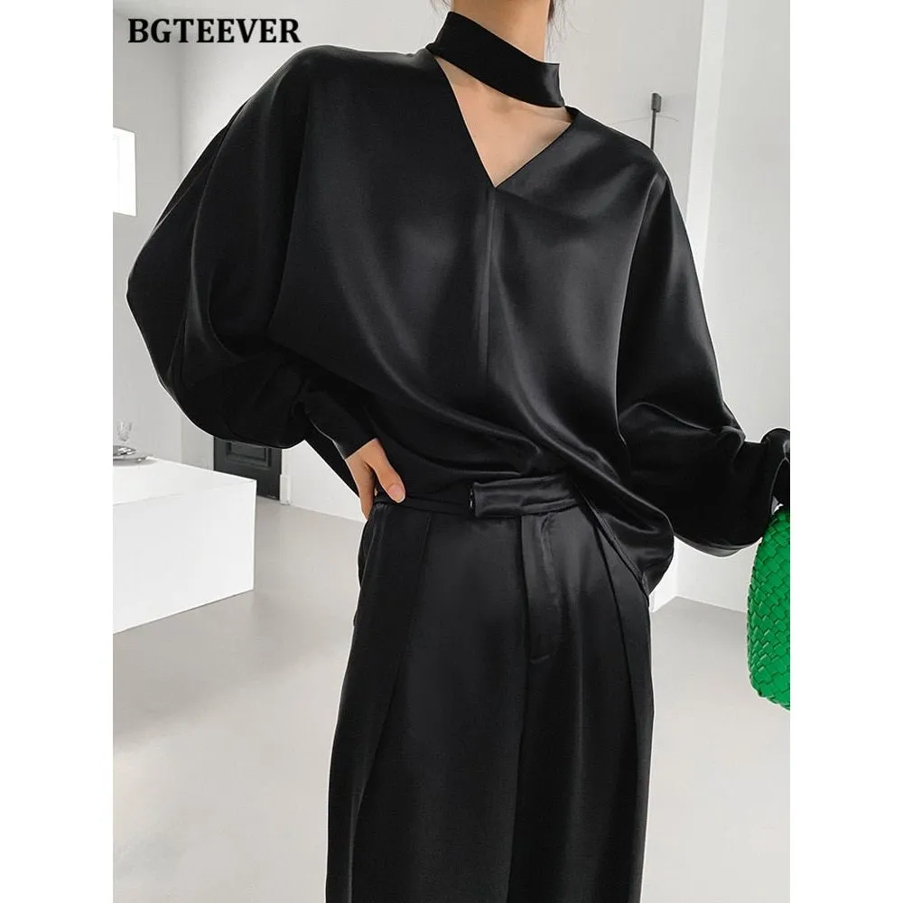 Women's V-neck Long Sleeve Satin Blouse