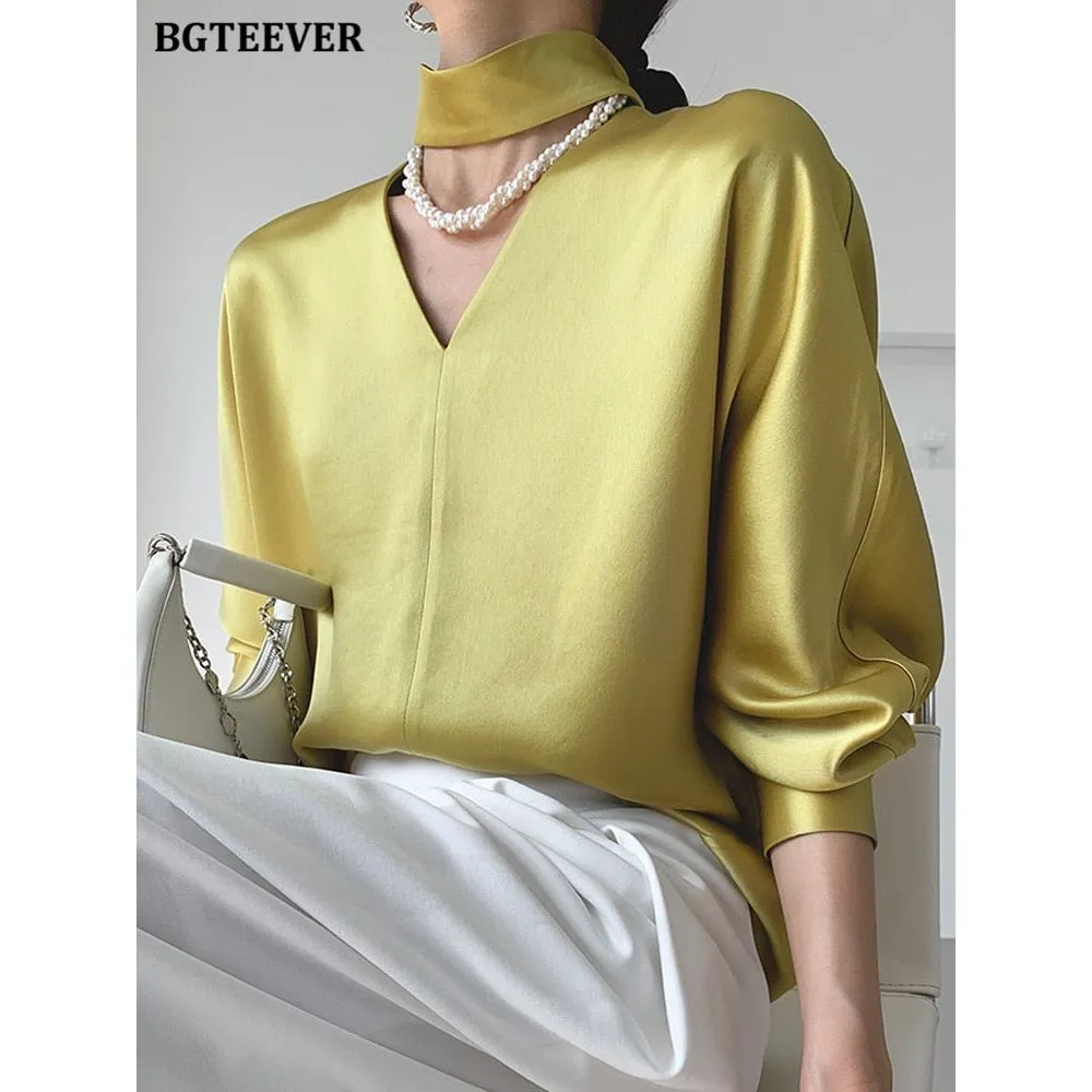 Women's V-neck Long Sleeve Satin Blouse