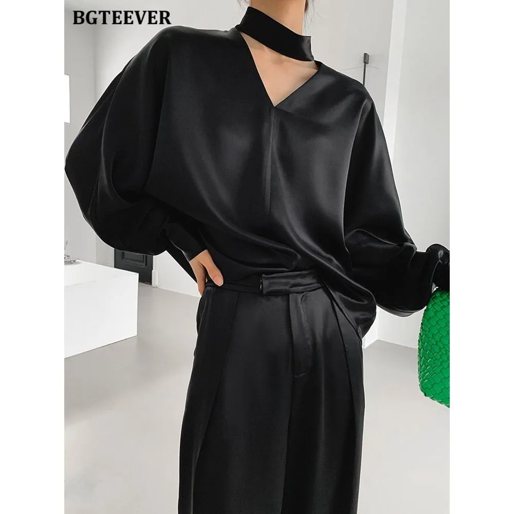 Women's V-neck Long Sleeve Satin Blouse