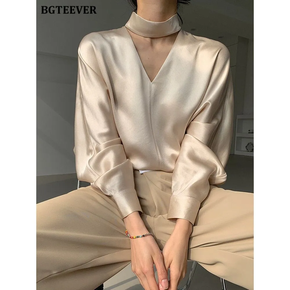 Women's V-neck Long Sleeve Satin Blouse