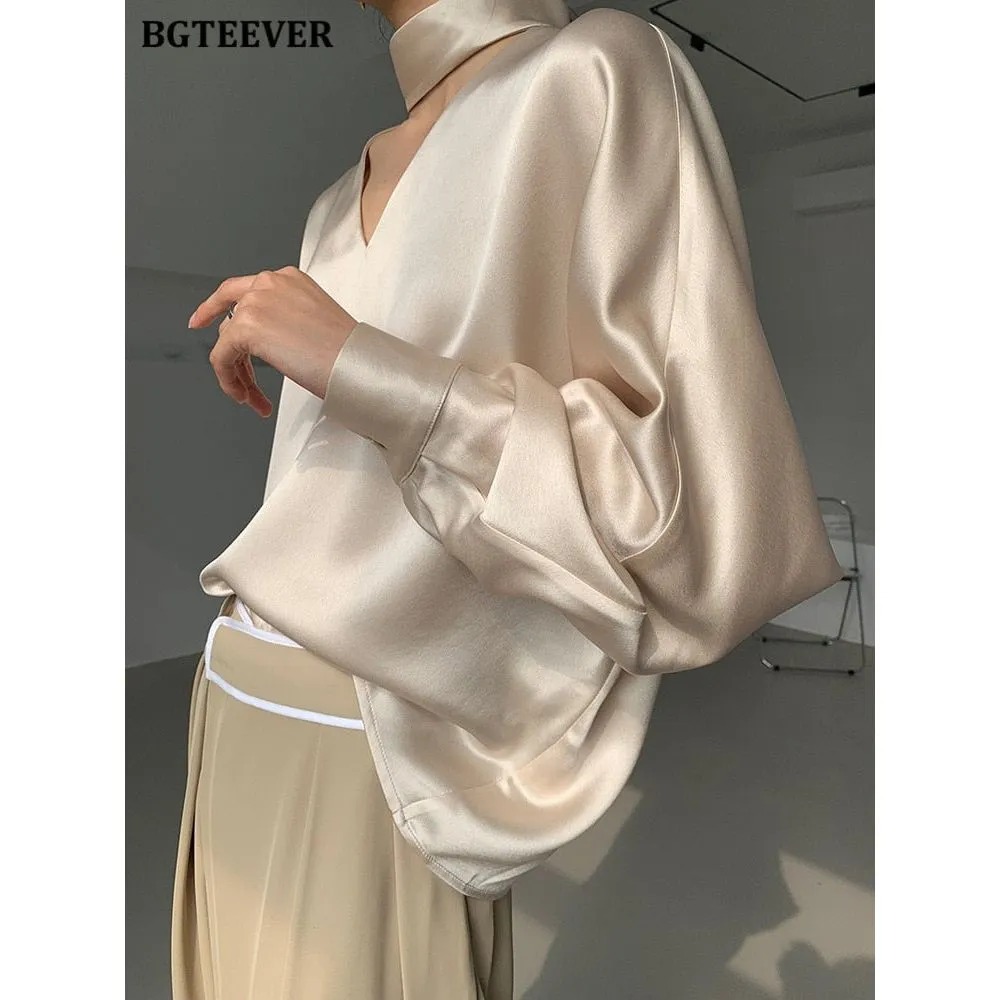 Women's V-neck Long Sleeve Satin Blouse