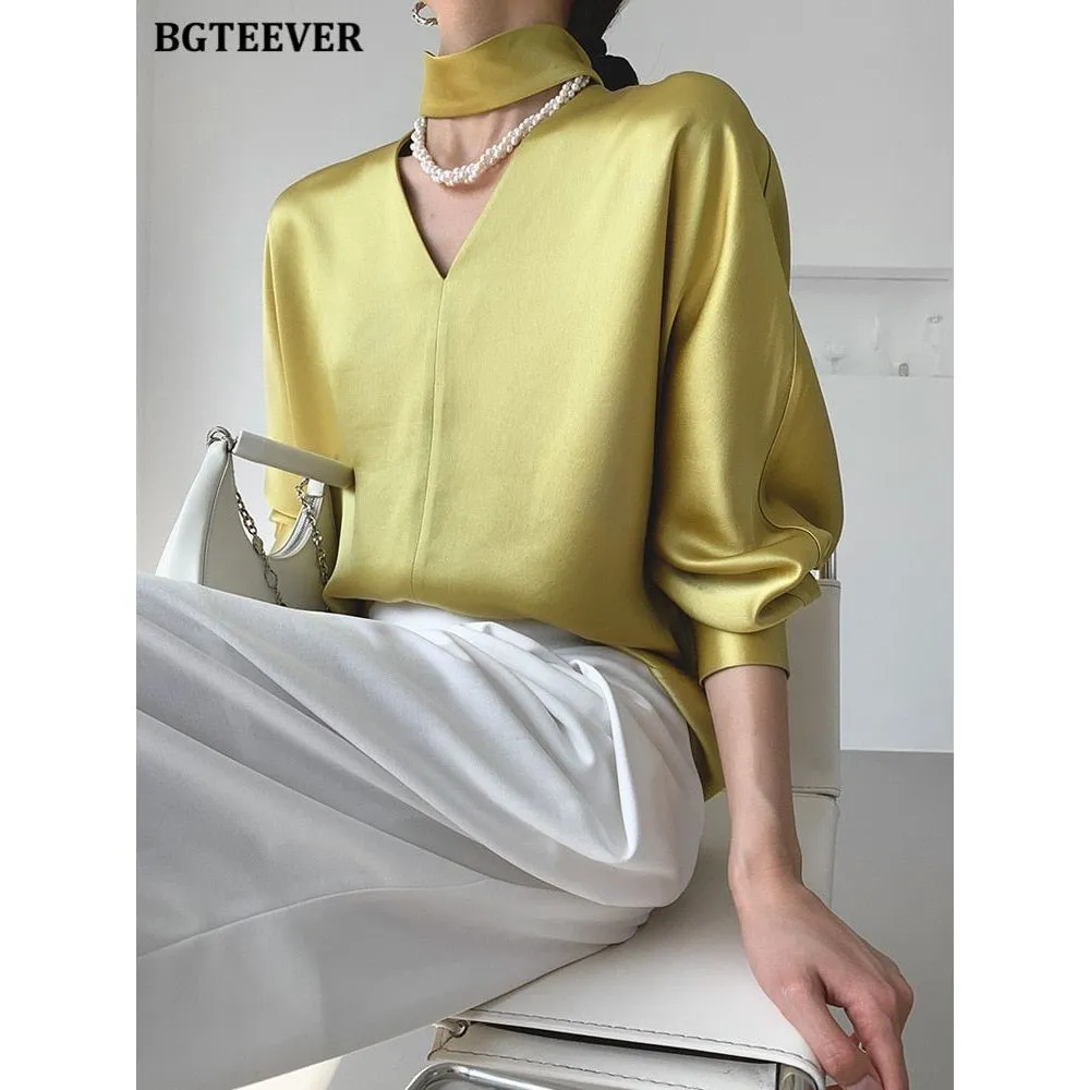 Women's V-neck Long Sleeve Satin Blouse