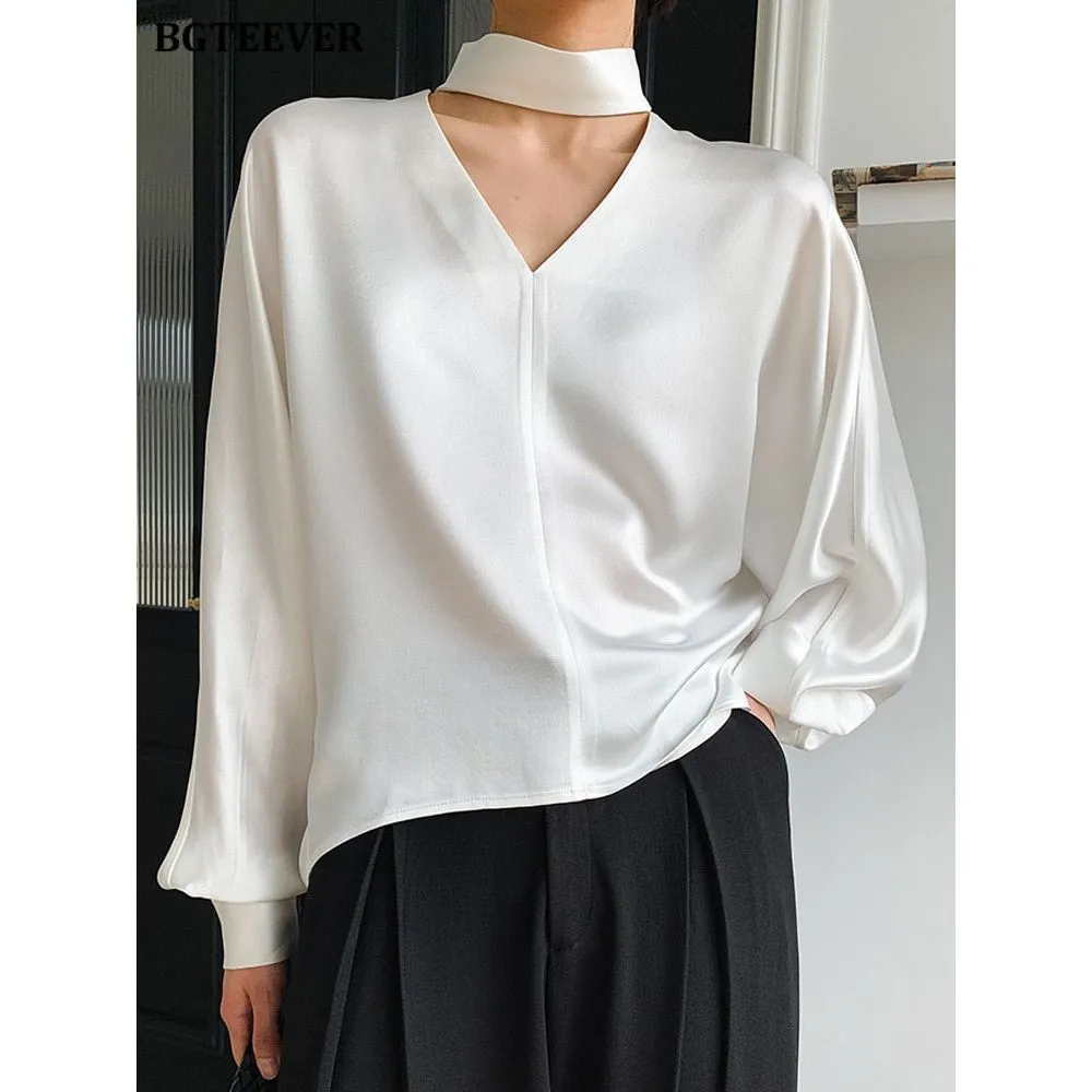 Women's V-neck Long Sleeve Satin Blouse