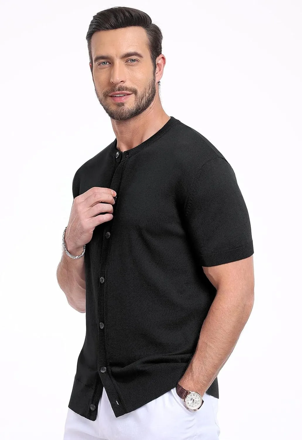 YTD Men's Knit Casual Button Down Shirts Short Sleeve Textured Summer Beach Shirts