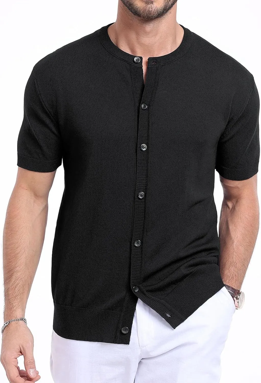 YTD Men's Knit Casual Button Down Shirts Short Sleeve Textured Summer Beach Shirts