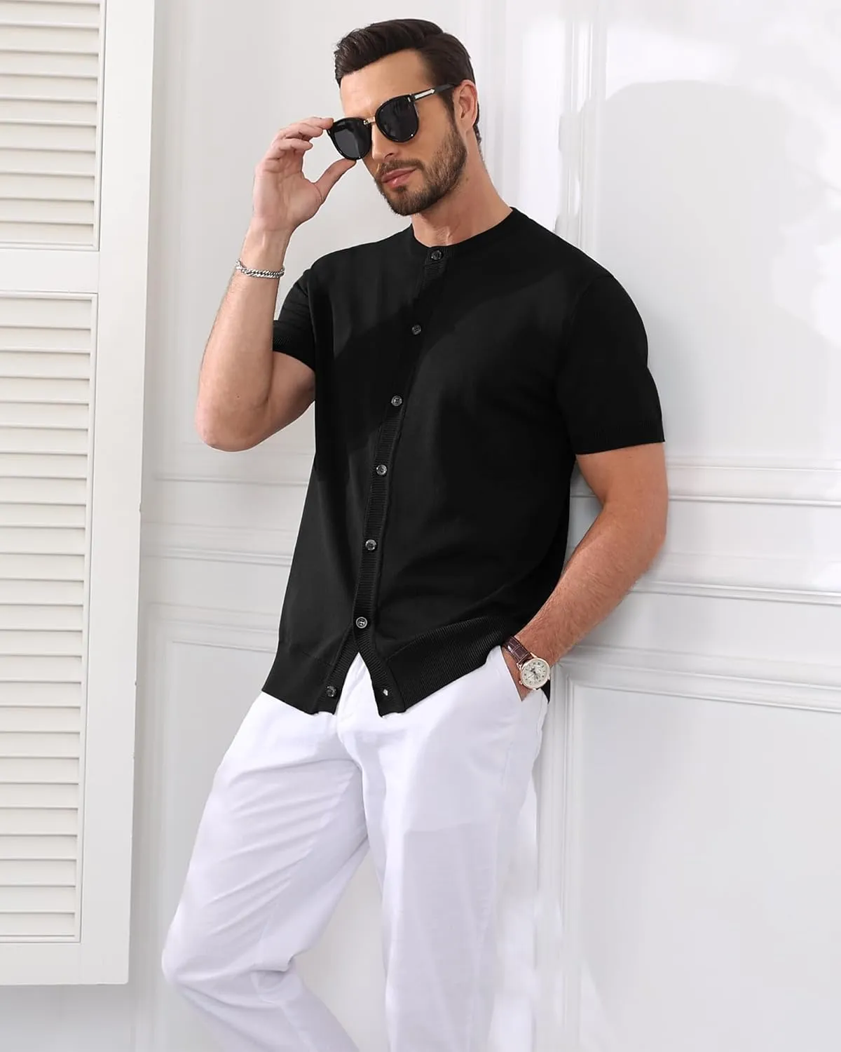YTD Men's Knit Casual Button Down Shirts Short Sleeve Textured Summer Beach Shirts