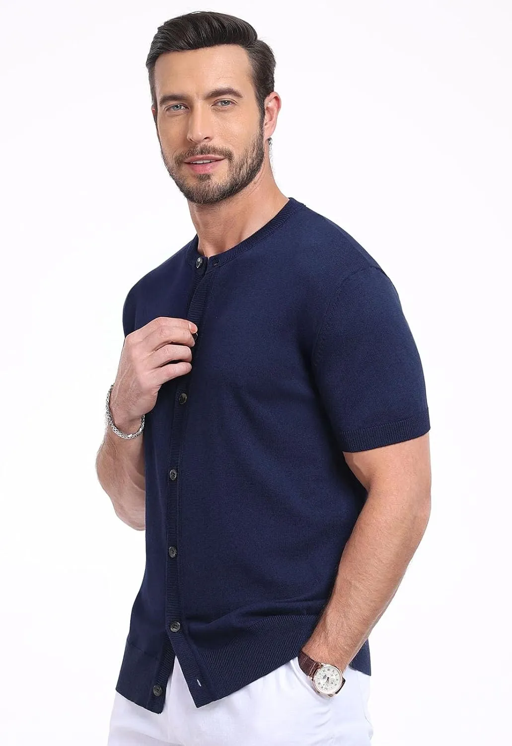 YTD Men's Knit Casual Button Down Shirts Short Sleeve Textured Summer Beach Shirts